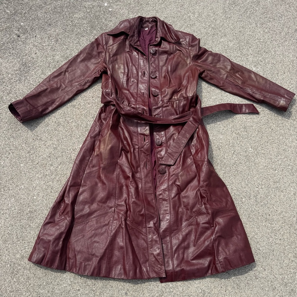 Vintage 70s Burgundy Leather A Line Trench Coat Size 10
